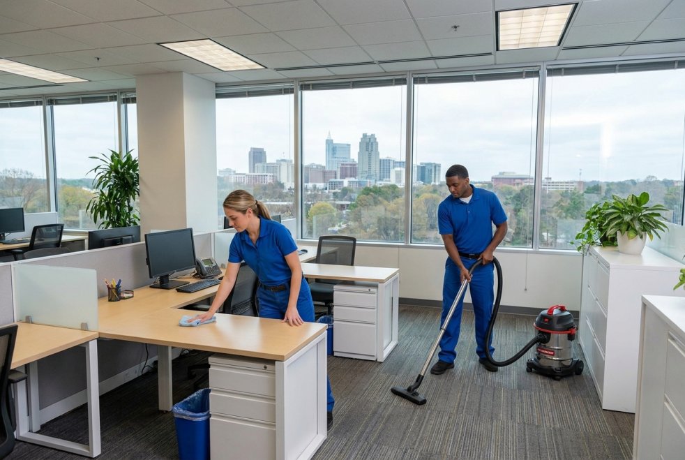 Two cleaners vacuum and wipe desks in a Raleigh office with skyline views through large windows